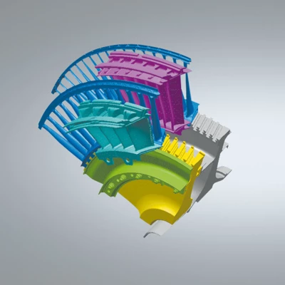 Computer-Animation von Sektionen aus der schnell­laufenden Nieder­druck­turbine (NDT).