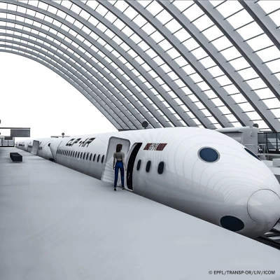 (strich:Komfortables Reisen) Die Passagiermodule des Clip-Air-­Konzepts können direkt vom Rollfeld auf die Schiene gehen, die Passagiere bleiben entspannt sitzen.