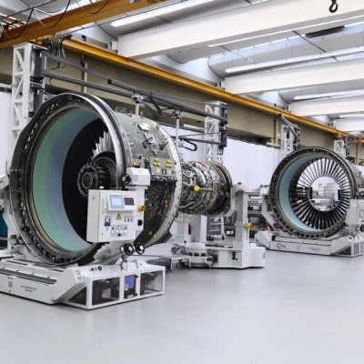 The patented track-guided assembly system for the engine that powers the A320neo enables assembly to be performed in eight steps, similar to an assembly line.